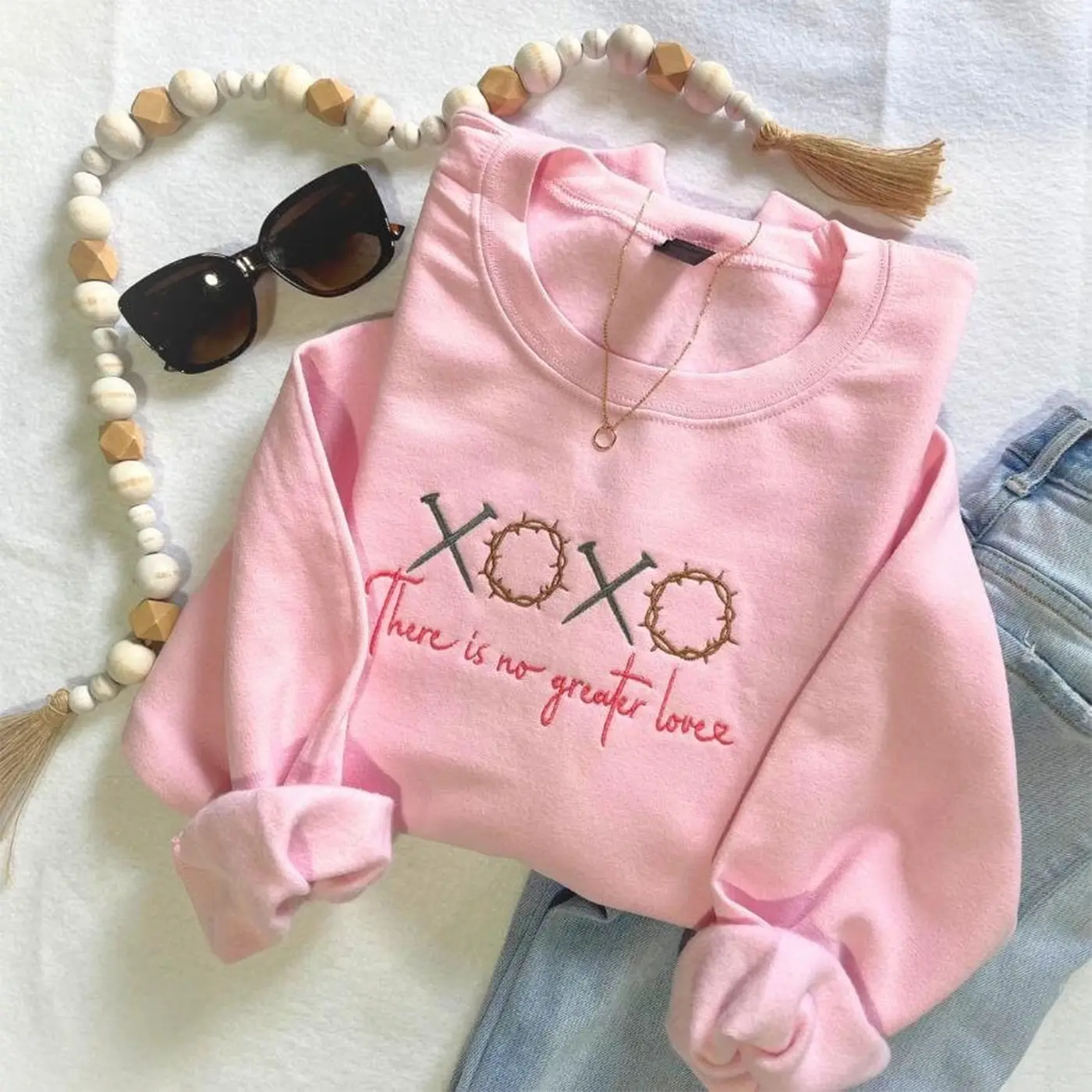 Christian Embroidered Sweatshirt, XOXO There Is No Greater Love Crewneck, Faith-Inspired Gift for Women