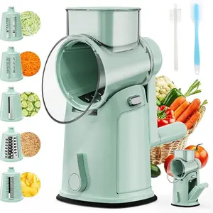 5-In-1 Vegetable Chopper Slicer, Hand Pull Food Processor with Suction Base, 9cm Hopper, Spiralizer Grater for Veggies, Detachable Easy Clean
