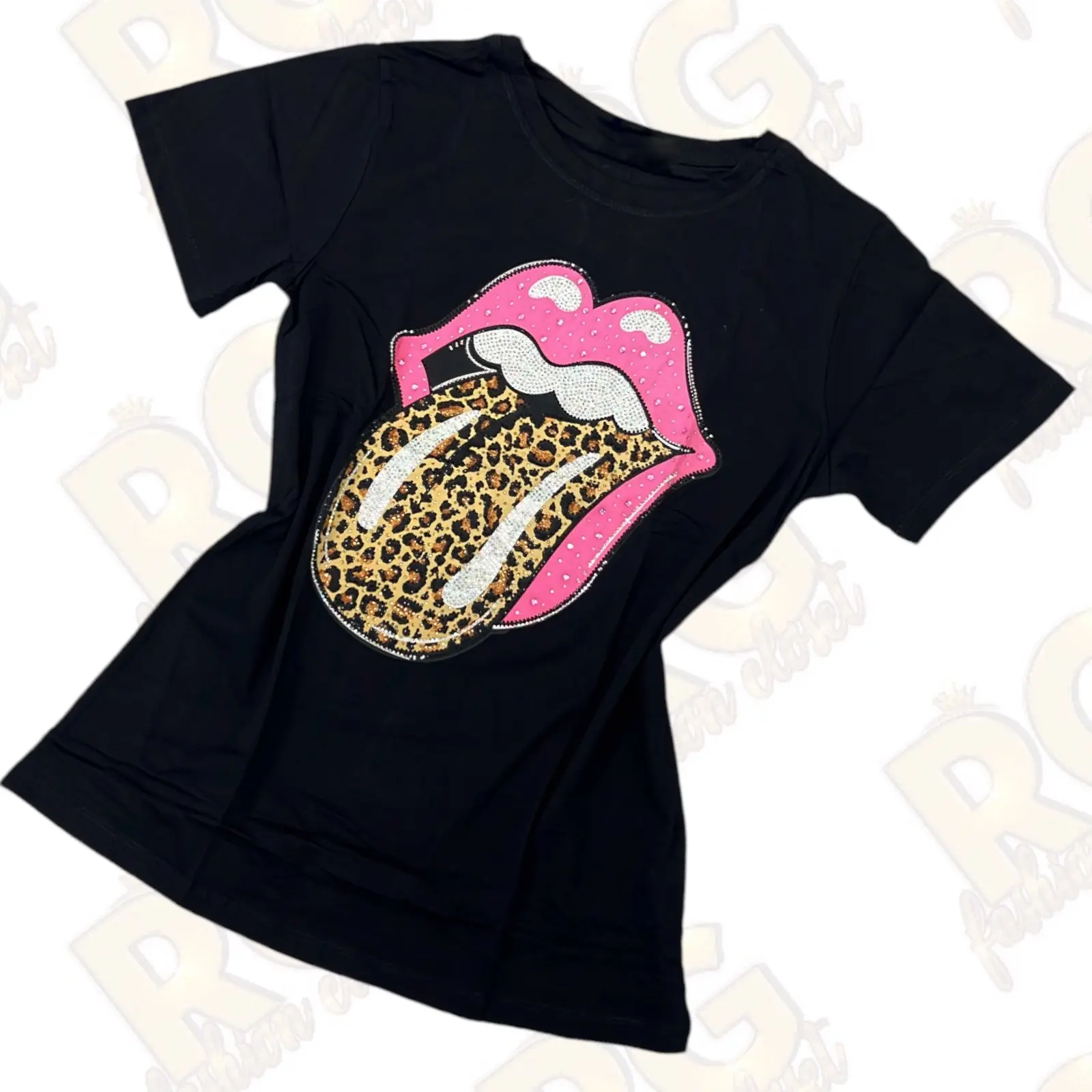 Lips Rhinestones T-shirt Round Neck Shortsleeve Womenswear