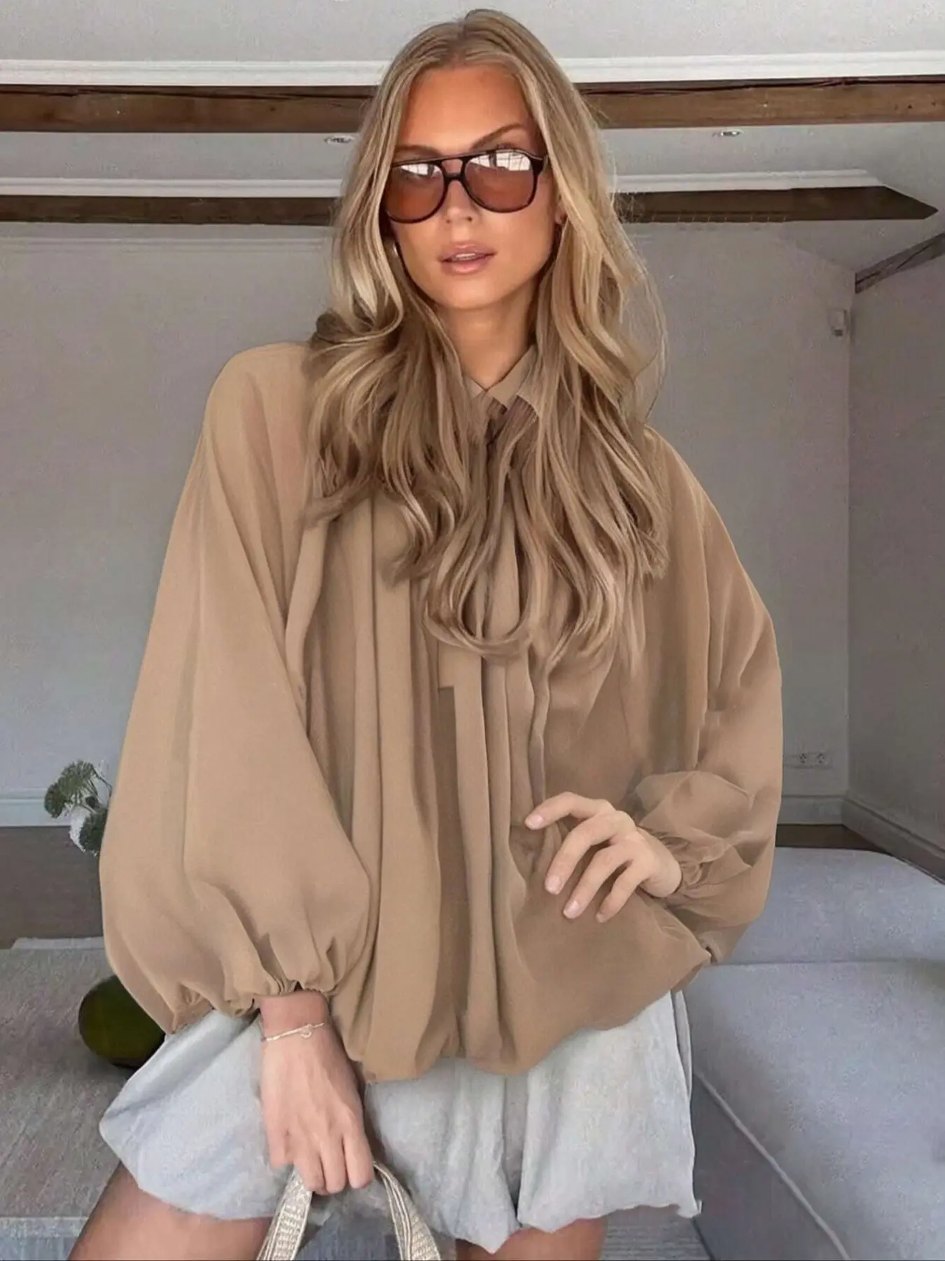 Women's Puff Sleeve Shirt Collar Zipper Jacket Coats, Basic Loose Fit Casual Outerwear, Elegant Long Sleeve Top for Daily Wear, Womenswear