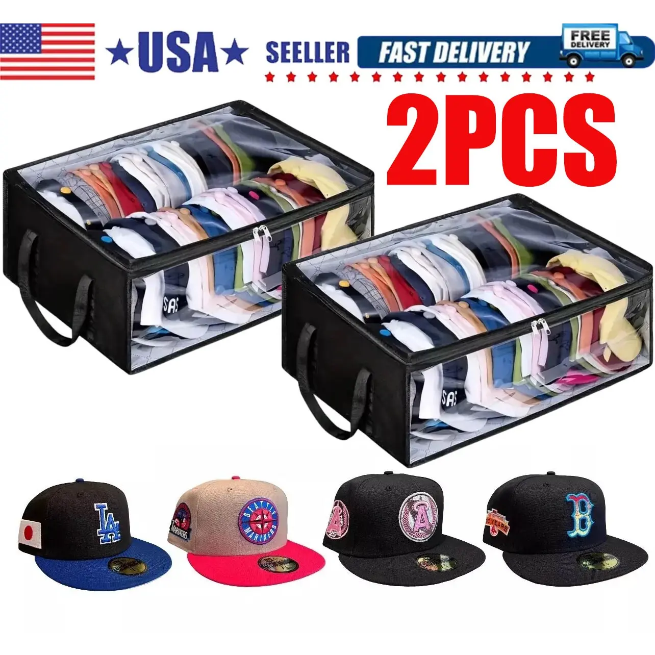 2PCS Large Capacity Cap Organizer for Closet | 20"x16"x6.7" Stores 40 Hats | Non-Woven Breathable Fabric + Zipper Closure | Perfect for Flat Brim, Trucker, Golf & Visors