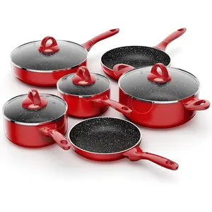 Induction Cookware Pots and Pans Set 10 count,  Dishwasher Safe Nonstick Cooking Pans, Stay-Cool Bakelite Handle, Scratch Resistant Kitchen Sets with Frying Pans, Saucepans & Stockpot (Red)