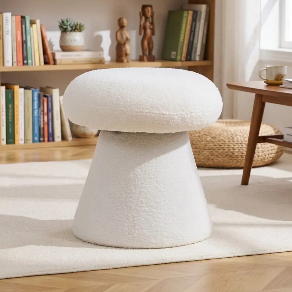 Littleox 066-Teddy Fabric Soft-padded Footstool, Mushroom shaped Ottoman, Shoe-changing Stool, Makeup Stool,No Installation Required, Suitable For Bedrooms, Living Rooms, Powder Rooms Or Entrances, White