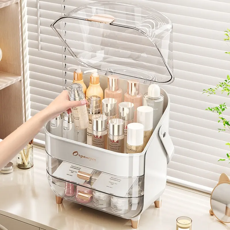 1 Large Capacity Light Luxury Transparent Cosmetics Storage Box, Makeup Box Organizer, Designed With Multiple Compartments To Store Skincare Products, Makeup, And Tools, Suitable For Bedroom Dressing Tables, Bathroom Countertops, And Travel