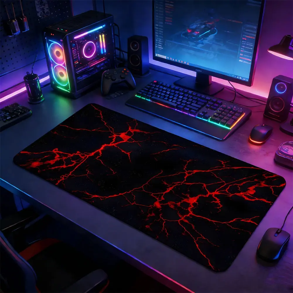 Red Black Lava Crack Large Gaming Mouse Pad, Non-Slip Rubber Base Stitched Lock Edge Cyberpunk Gaming Design Desk Pad, Durable for Home Office & Gaming Setup, Made for Gaming, Gift for Gamer Family and Friends, Gaming Accessory, Gaming Mousepad