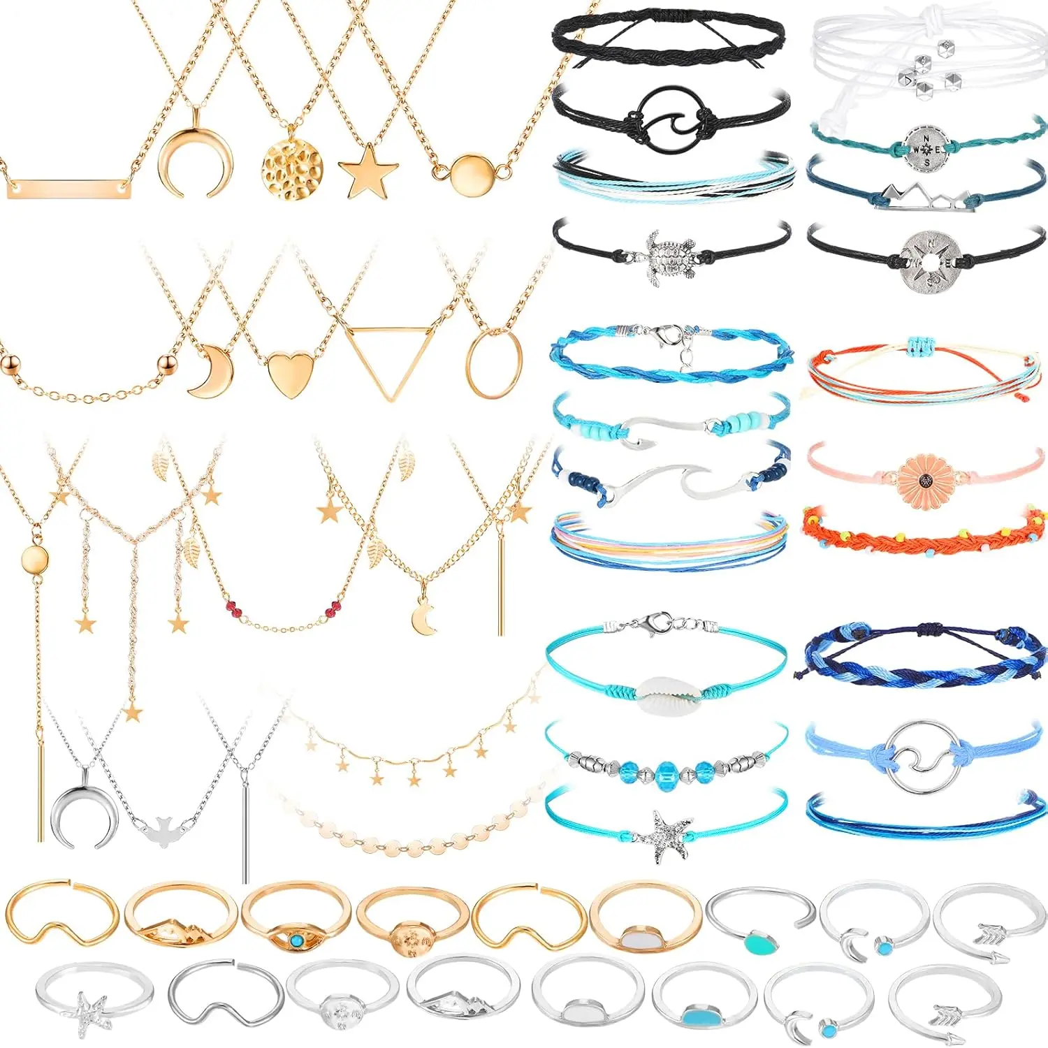 Women's 60-Pcs Sturdy Boho Jewelry Set - Adjustable Alloy Wax Rope Layered Chokers, Surfer Bracelets, Knuckle Rings, Star Moon Wave Design, Lightweight Fit, Meaningful Gifts for Parents, Daily Wear, Traveling, Jewelry Stack
