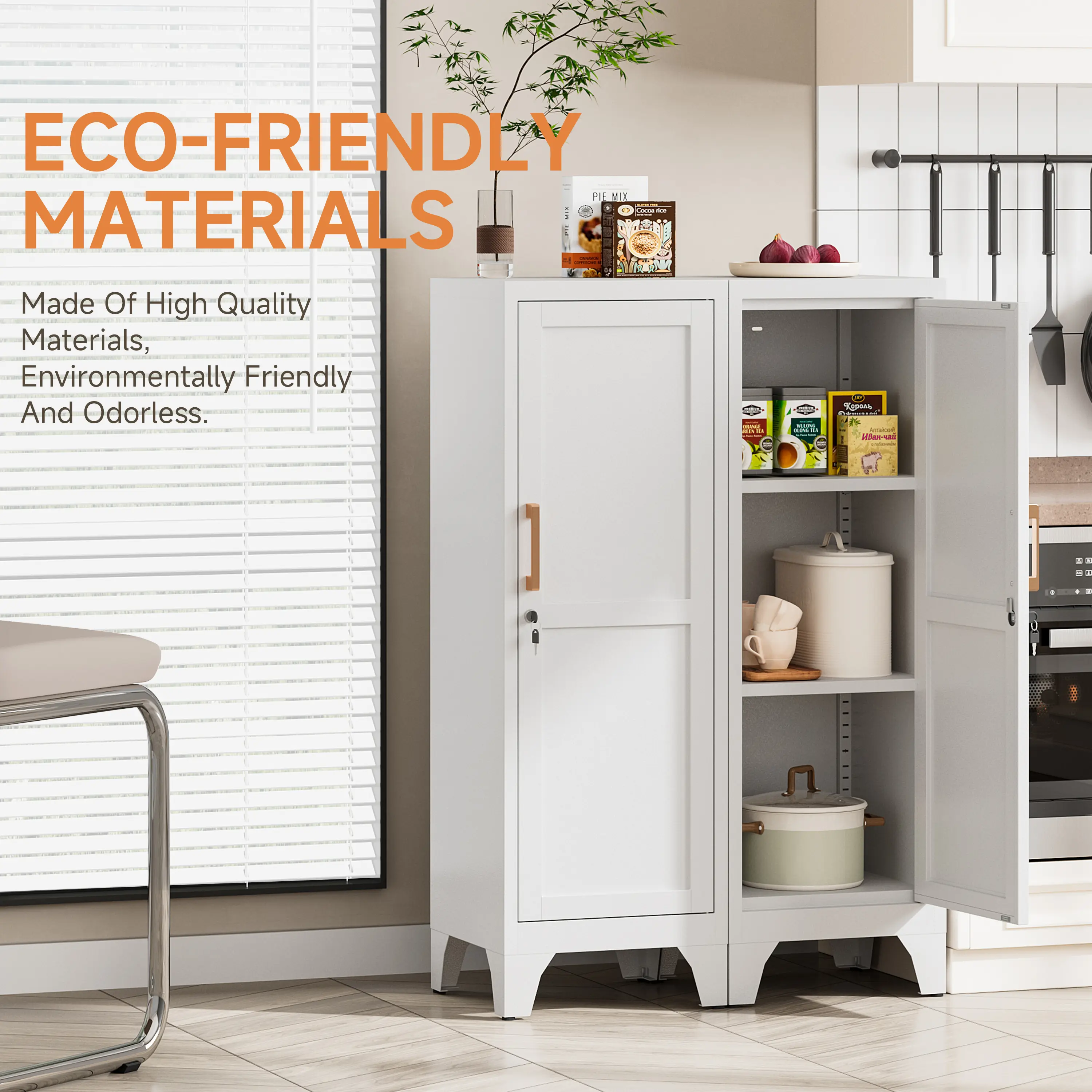 LONGLINK White Single-Door Multifunctional Low Kitchen Cabinet - Steel Construction, Adjustable Shelf, Industrial Look, Requires Assembly for Storage (Metal Pantry Cupboard)
