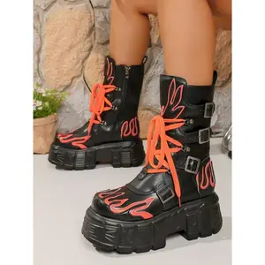 Women's Punk Style Motorcycle Boots, Round Toe Design, Zip Closure, PU Leather & Textile Material, All-Season Comfortable Shoes