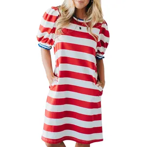 Znacicc Women’s Casual Summer Stripe Contrast Trim Round Neck Short Puff Sleeve Shift Mini Dress - Womenswear, American Vintage Aesthetic, Trendy Color-Block Design, Perfect for Picnics, Festivals, Daily Errands