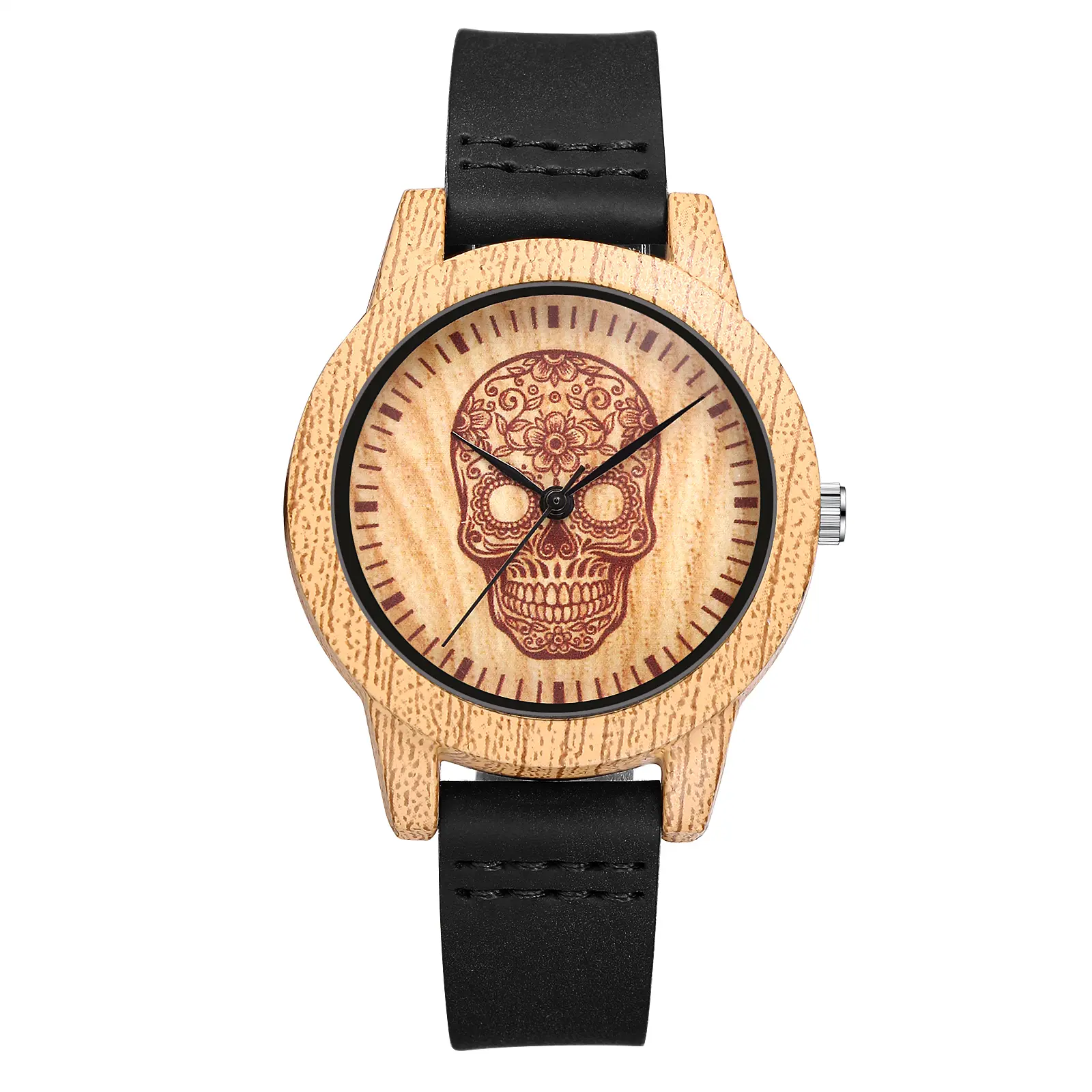OIDEA Skull Faux Wood Grain Leather Watch – Halloween Quartz Analog Punk Unisex Wrist Watch, Analog Quartz Watches, Durable Quartz Watches