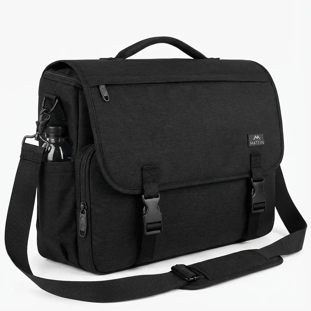 FR Fashion Co. 15.6" Men's Padded Laptop Compartment Messenger Bag in High-Density Water-Resistant Nylon with Dual Front Buckles and Adjustable Strap for Professionals
