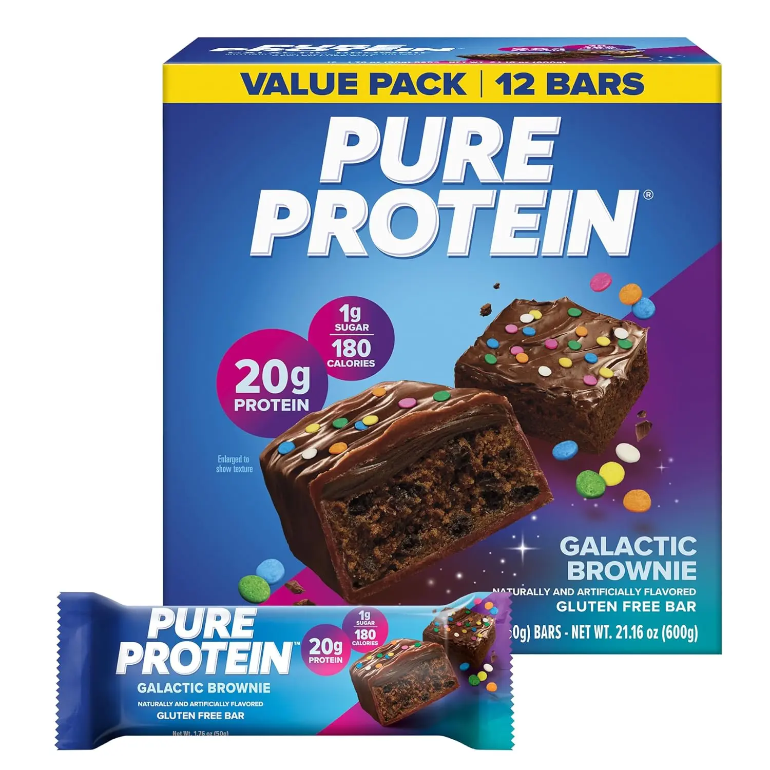 Pure Protein Galactic Brownie Chocolate Flavor Bars - 12 Count, 1.32 lbs, 20g Protein, 3g Sugar, 190 Calories, Low Sugar*, Gluten Free Healthy Snack, Boxes