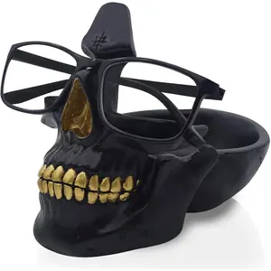 Skull Glasses Holder Stand with Storage Tray Novelty Eyeglass Holder Rack for Nightstand,  Skull  Sculpture Statue Home Office Desk Decor  (Black)