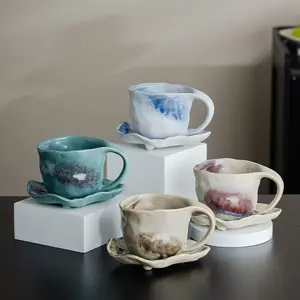 Hand pinch pattern kiln change ceramic coffee cup and saucer set creative coarse pottery flower cup household high-end exquisite mug-93