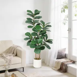 Realistic Artificial Fiddle Leaf Fig Tree - Large Faux Ficus Lyrata in Decorative White Planter - Natural Look, Bendable Offshoots, No Maintenance Indoor Decor for Home, Living Room, Bedroom
