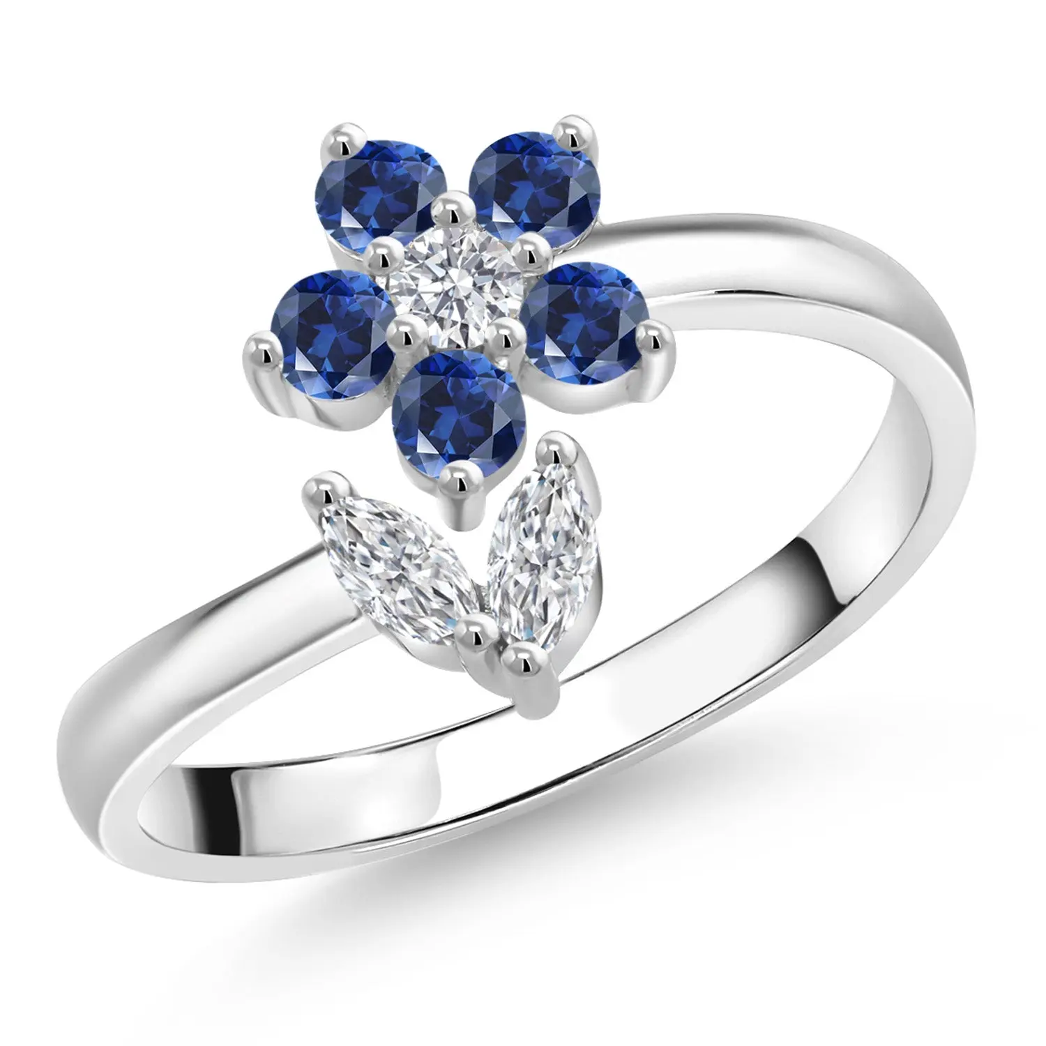 Gem Stone King 925 Sterling Silver Lab Grown Diamond and Blue Created Sapphire Statement Ring For Women | 0.46 Cttw | Marquise 4X2MM | Gemstone April Birthstone