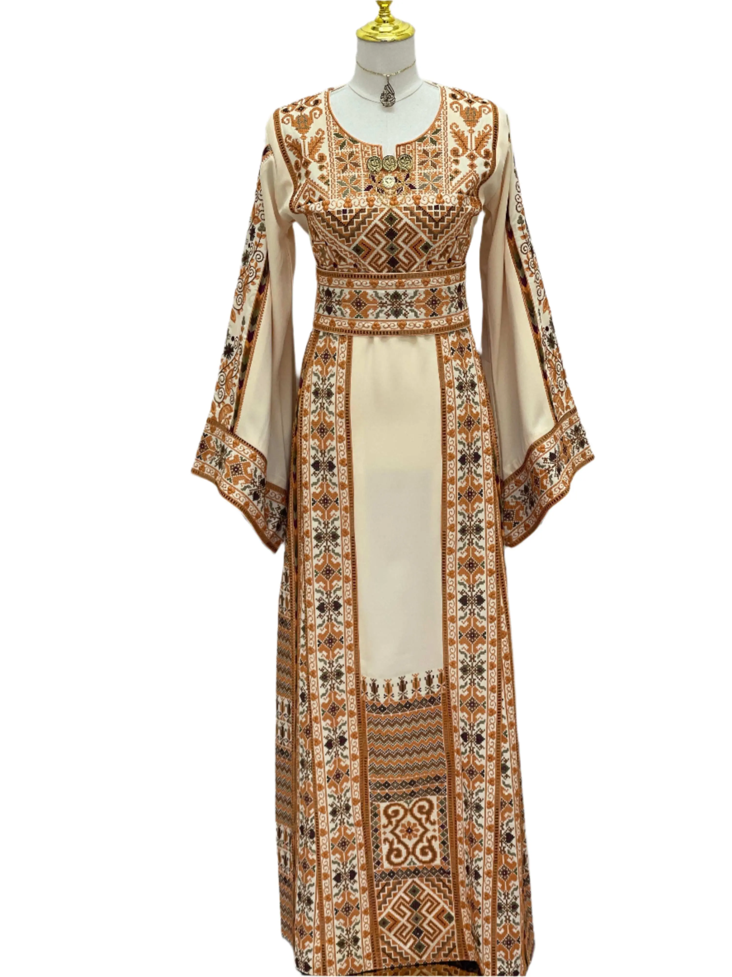 Palestinian Elegance Embroidered Palestine Traditional Beige Thobe