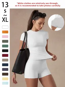 Women's Solid Color Set, Basic Versatile T-Shirt Top, Fashion Multi-Purpose High Waist Sport Shorts, Yoga Fitness, Spring Summer, Sporty Set