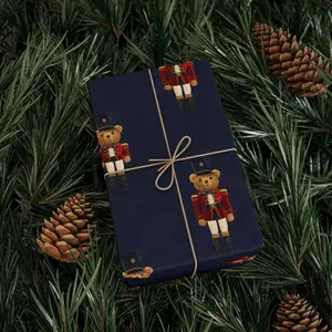 Gift Wrap, Teddy Bear Nutcracker Navy, Wrapping Paper Roll for Holidays, Christmas Wrapping Supplies, Festive Gift