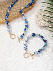 Bohemian style ceramic asymmetrical blue stone bead necklace vintage fashion,bead bracelet suitable for daily wedding, beach dinner, hot trend in 2025