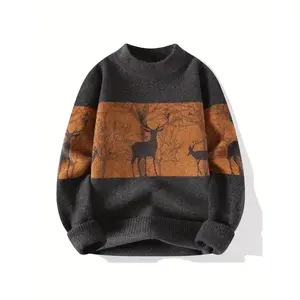 Men's Oversized Winter Sweater - Heavyweight Thick Warm Dark Blue & Deer & Tree Pattern (Beige/Brown) - Loose Fit Round Neck Long Sleeve Coat Jacket for Casual & Formal Wear, Hand Wash/Dry Clean - Large Size Available