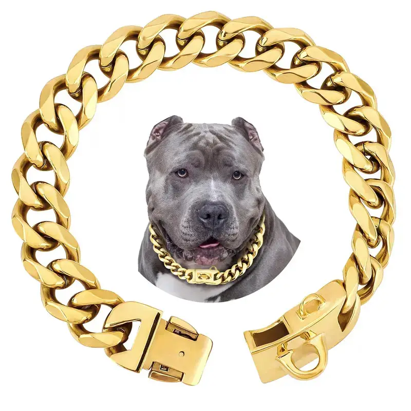 🔥TikTok Favorite!19mm Gold Stainless Steel Dog Collar - Chew-Proof Heavy Duty Chain for Large Dogs✨ Big Breed Approved & Tangle-Free!🐾#LargeDogEssen