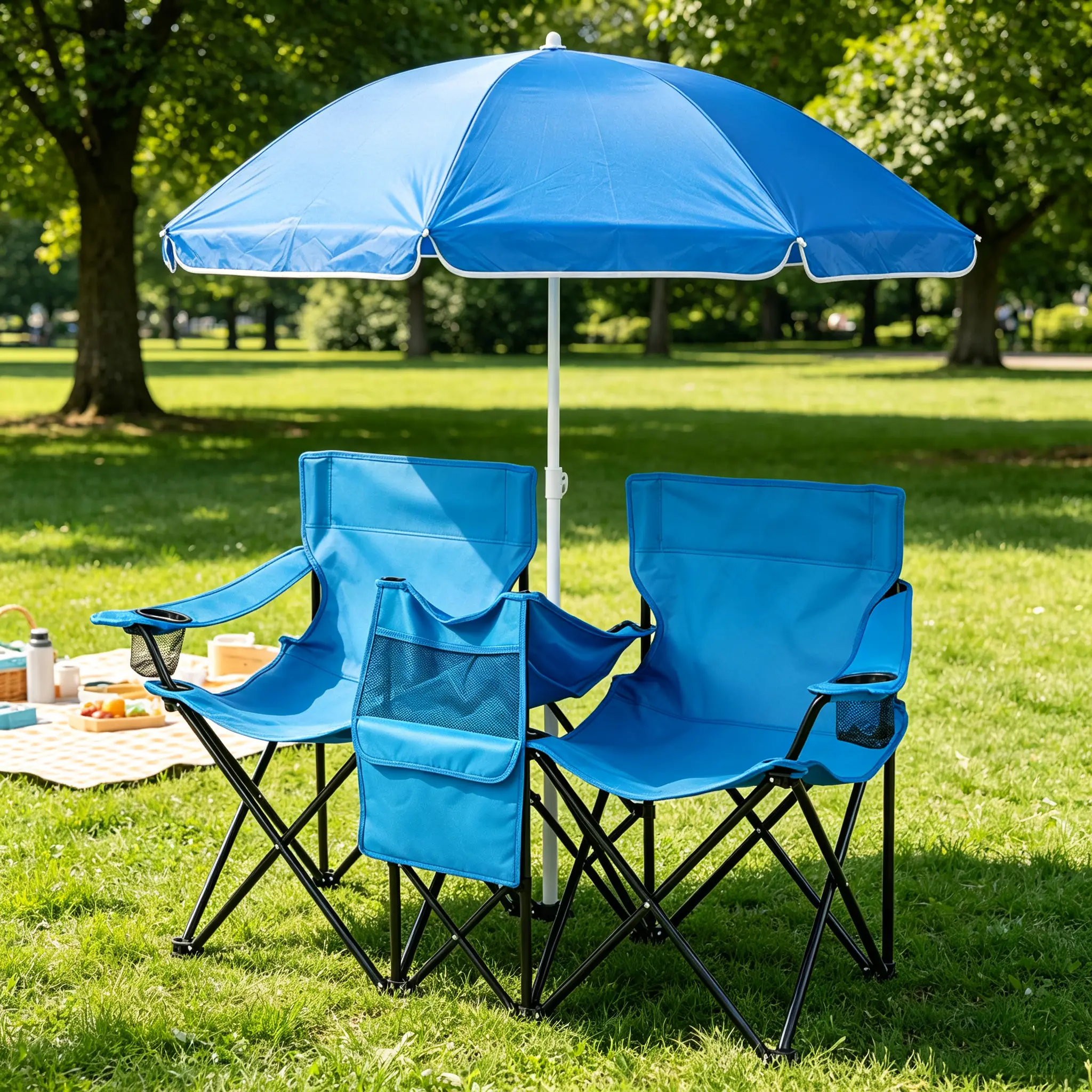 Royal Blue 2-Person XL Double Folding Outdoor Chair (55.91"×19.69"×31.50") - Removable Adjustable Umbrella, Cooler Bag, Cup Holders, Side Pocket, 529 lbs Load Oxford Cloth Iron Frame for Beach, Camping