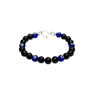 Black Tourmaline & Blue Evil Eye with Silver Bracelet - Size 6.5" Featuring a Unique Design