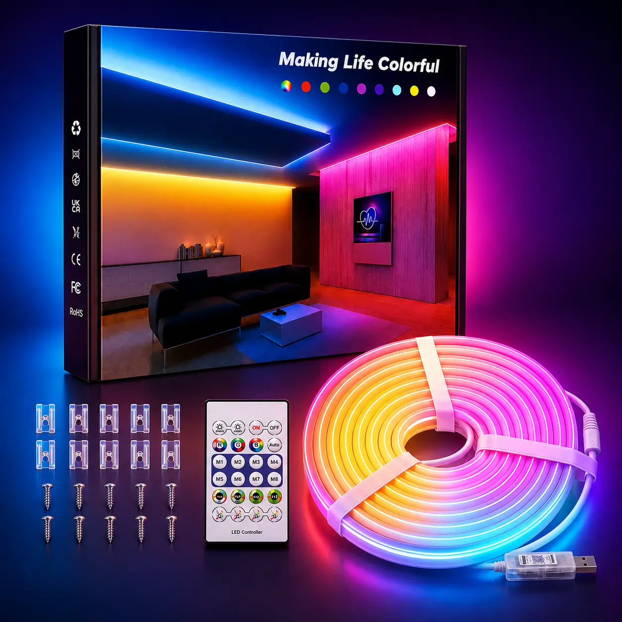 RGBIC Smart Neon LED Strip Lights, Bluetooth App & Remote Dual Control, Music-Sync Cool Room Decor, Self-Adhesive USB-Powered Gamer Stuff for Unique Room Decor & Gaming Setup