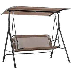 2-Seater Outdoor Patio Swing Chair - Adjustable Canopy Porch Swing with Armrests, Texeline Fabric, and Steel Frame, Brown
