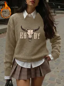 Women's Geometric graphic print sweatshirt, Long sleeve crew neck pullover, loose-fitting warm winter top, soft fabric, elegant commuter Casual style