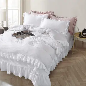 Ruffle Duvet Cover Set, Soft and Breathable Washed Microfiber 3 count Bedding Set, Shabby Chic Farmhouse Duvet Cover and Pillow Shams, Zipper Closure & Corner Ties, Easy Care -(White, )