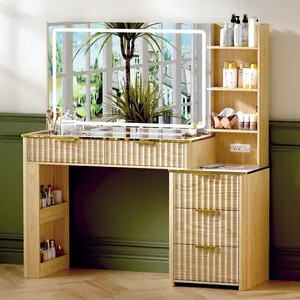 Name 51 Vanity Desk with Power Outlet Makeup Vanity Mirror 3 Lighting Modes Glass Top 5 Drawers Jewelry Storage Oak Finish