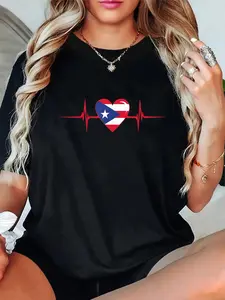 100% Cotton Heartbeat Design Puerto Rican Flag Puerto Rico T-Shirt Casual Short Sleeve Shirt Breathable Fabric