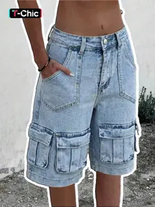 Women's High Waisted Light Wash Denim Cargo Jorts, Multi-Pocket Baggy Loose Fit Knee-Length Shorts, Trendy Retro Casual Comfy Bottoms for Urban Streetwear, Music Festivals, Errands & Summer Outdoor Adventures, Womenswear