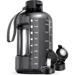 64 oz Water Bottle with Time Marker - Straw & Chug Lid - BPA Free Half Gallon Gym Water Bottle with Handle - Big Gallon Jug (Gray, 64 Ounces)