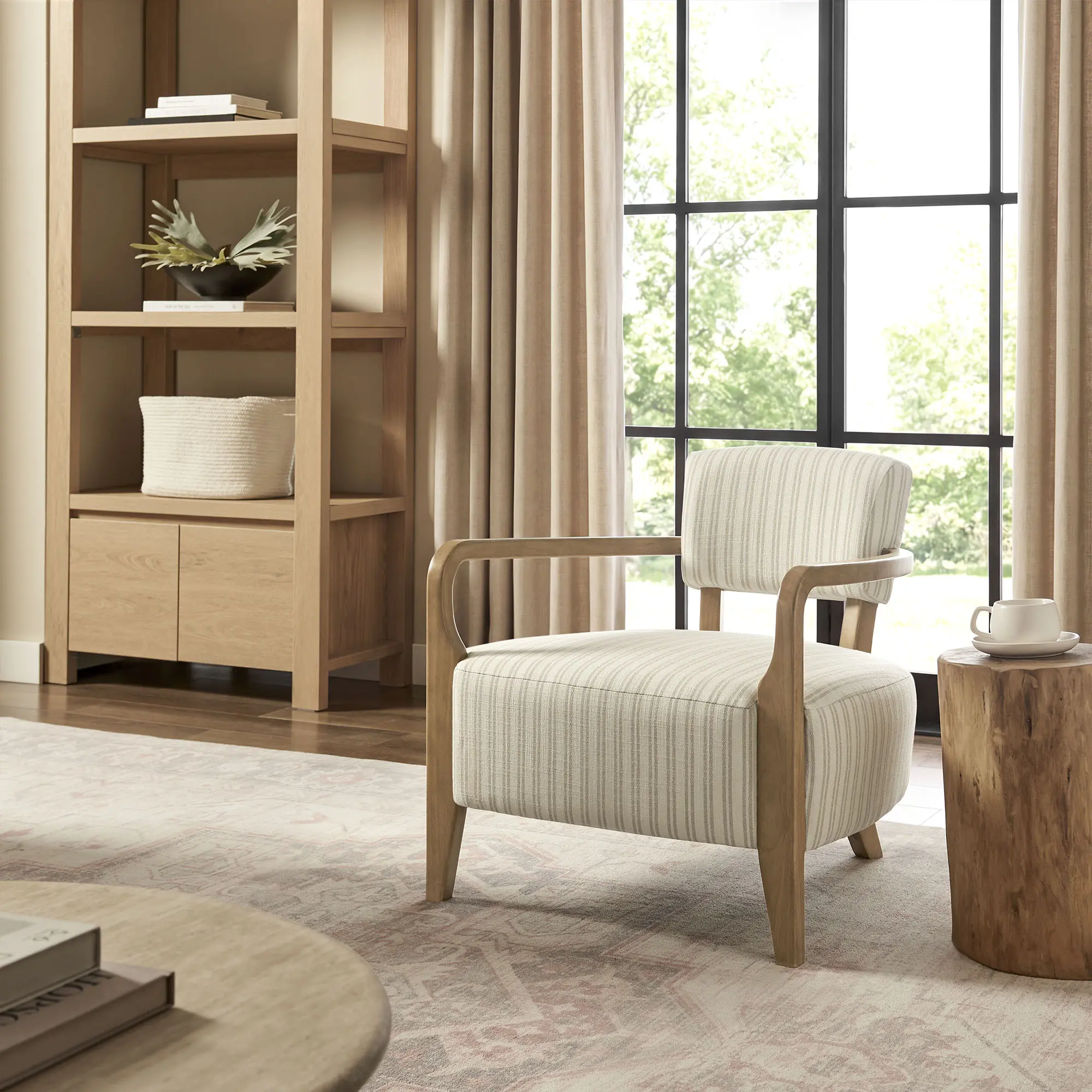 Zinnia Striped Fabric Upholstered Accent Chair in Oatmeal Stripe
