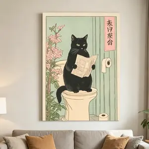 Black Cat on Toilet Japanese Style Print, Funny Bathroom Wall Art, Neutral Japandi Aesthetic Decor, Cat Lover Gift