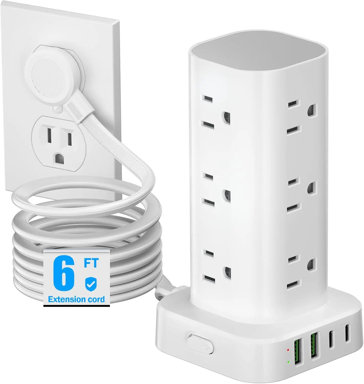 16-in-1 Power Strip Tower with Surge & Overload Protection, 6FT Flat Rubber Extension Cord, 12+4 Outlets (12 AC Plugs, 4 USB-C/USB-A Ports), Charging Station for Home & Office Electronics, Usb Ports