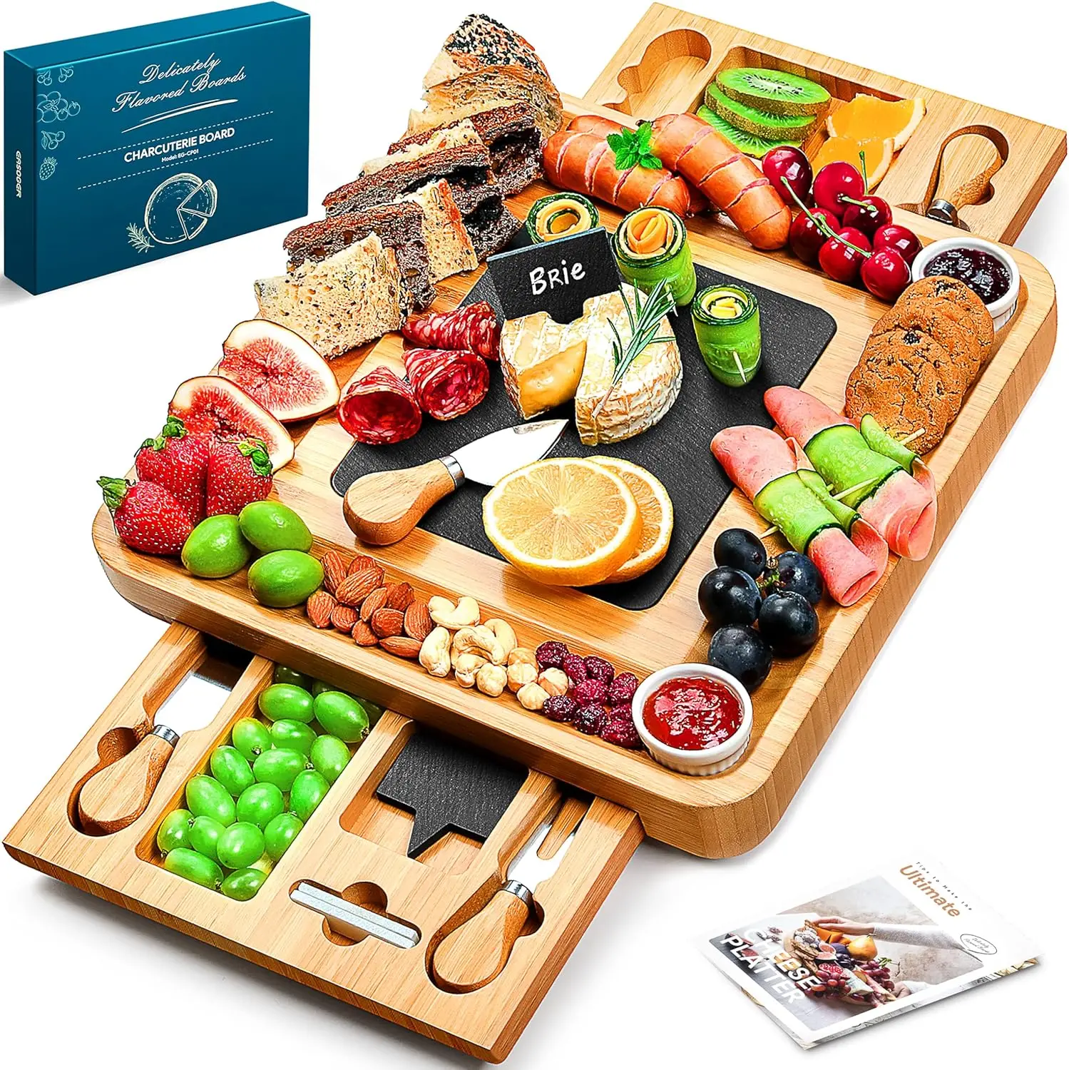 Easoger Large Bamboo Charcuterie Board with 2 Drawers, Knife, and Bowls for Serving and Entertaining