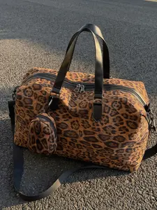 1pc  Women's travel tote bag with large capacity, zipper closure, leopard print, fashionable and versatile, personalized and trendy, suitable for business trips, fitness, women's travel bag