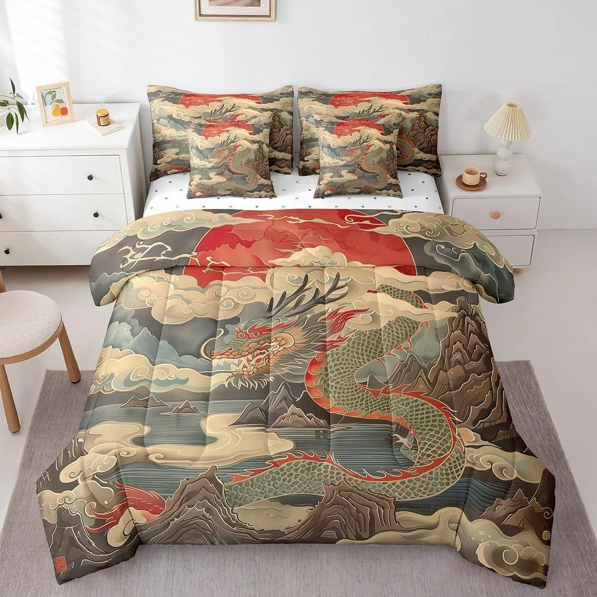 Oriental Dragon Bedding Comforter Set,7pcs Japanese Style Bed in a Bag,Mountain Sea Ocean Bedding Setsun Printed Comforter Set,Vintage Asian Theme Bedding Set,& Collections