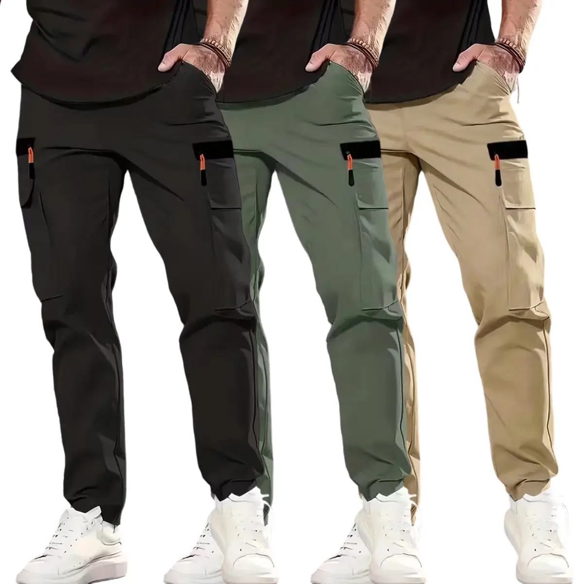 3-Pack Men's Casual Cargo Pants, Regular Straight Fit Athletic Trousers with Pockets for Workouts and Everyday Wear, Polyester, Male, Spring, Basic, All Seasons, Cargo Trousers, Cold Wash, Xxl, Retro, Activewear, Menswear