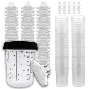 50 Pack Disposable Spray Gun Paint Cups Liners and Lid System Kit - 13.5 Ounce (400ml) Kit - 50 Cup Liners, 50 Lids with 125 Mic Strainer, 1 Hard Cup with Retainer Ring and 20 Plugs Traditional Transparent