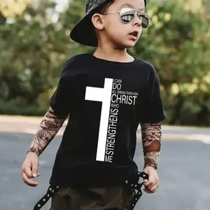 Boys' Cotton Slight Fitted Crew Neck Regular Sleeve Medium-Length Graphic Tee, Cross Print Faith Message Shirt - "I Can Do All Things Through Christ Who Strengthens Me" - Christian Gift, Urban Fashion Top