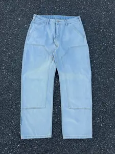 Light-Wash Distressed Denim Double Knee Patch Relaxed Fit Pants - Faded Blue, Men's Streetwear Low-Rise Casual Y2K Straight-Leg Jeans, Men's Mid-Rise Cotton 94 Relaxed Fit Jeans Men's Loose Wide Leg Work Jeans Menswear Vintage Trouser Beige