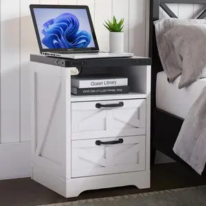 Modern farmhouse style Garvee nightstand, USB charging station and bedroom outlet, white industrial nightstand with 2 drawers, sturdy engineered wood side table, white