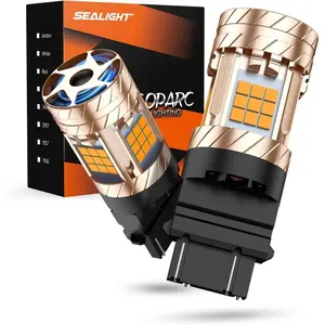 SEALIGHT 3157 LED Bulbs - 3157 LED Turn Signal Bulbs Anti Hyper Flash With Turbo Fan - 2700K Amber Yellow Bulb - Replacement for Front Rear Turn Signal Tail Blinker Light - Plug N Play - 2PCS
