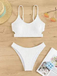 Two-Piece Set Women's Solid Bikini Set, Casual Fashion Chic Swimsuit Set for Beach Holiday Vacation, Ladies Swimwear for All Seasons