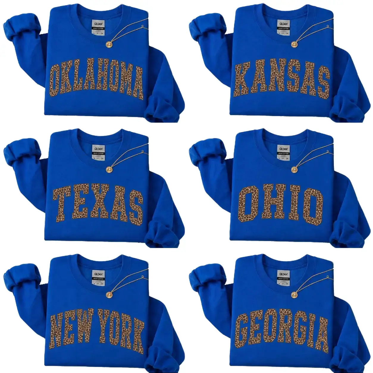 Custom State Name Leopard Print Crewneck, Personalized Oklahoma Kansas Texas Ohio New York Georgia Sweatshirt Vintage College Letter Pullover, Matching Family Gift, Unisex Sweatshirt Royal blue - TrendWear USA